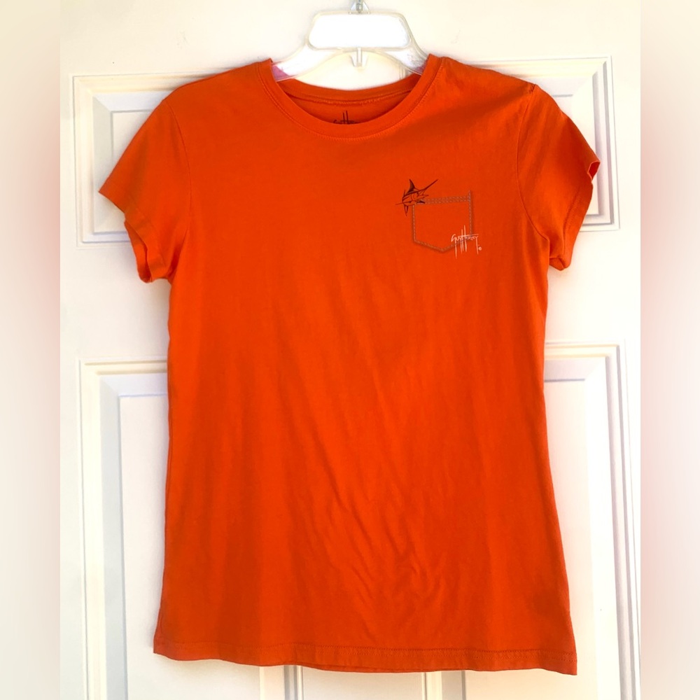 GUY HARVEY Tee Shirt Size M Cotton Short Sleeve Orange War Eagle Marlin Fish